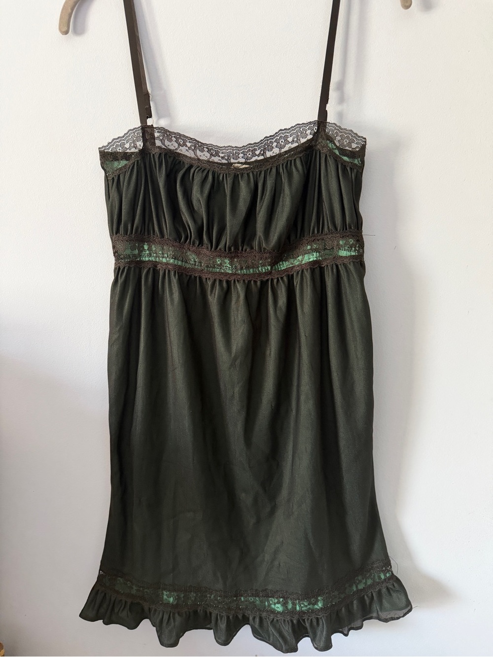 Vintage Tart Black Lace-Trim Slip Dress w/ Green Underlayer